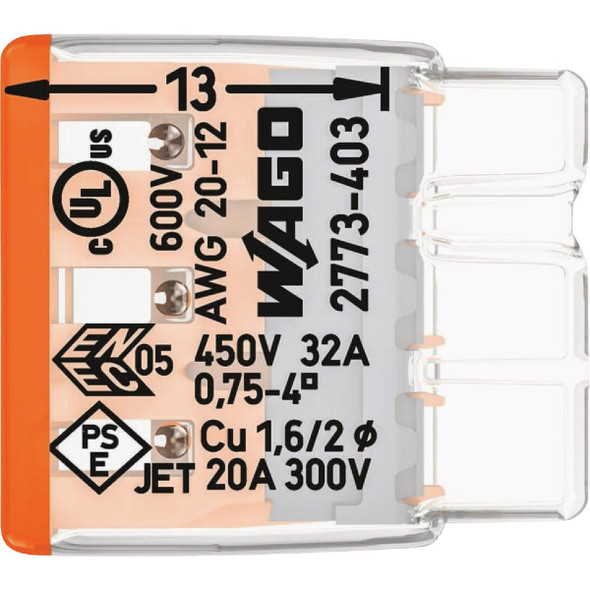 Wago 3-Wire Compact Push In Connector (10-Pack) 2773-403-K000-0008 524315