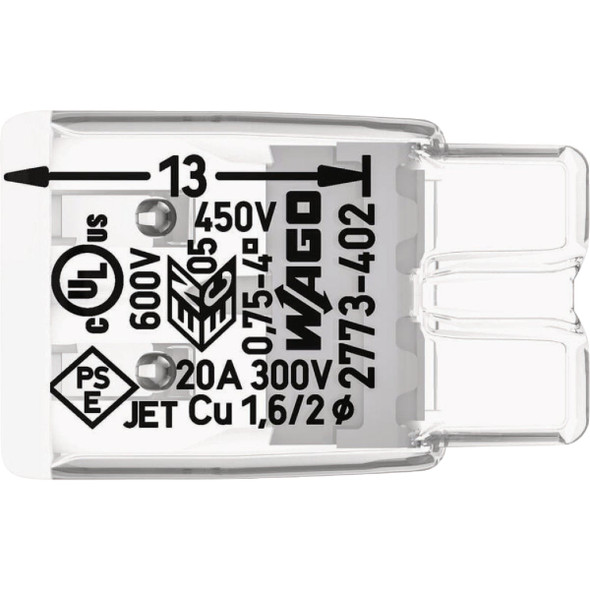 Wago 2-Wire Compact Push In Connector (10-Pack) 2773-402-K000-0008 524236