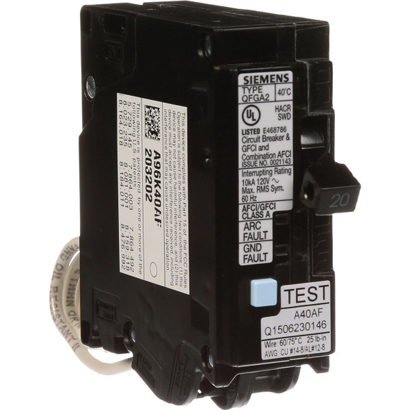 Siemens 20A Single-Pole Dual Function Circuit Breaker, Combines AFCI/GFCI Q120DF