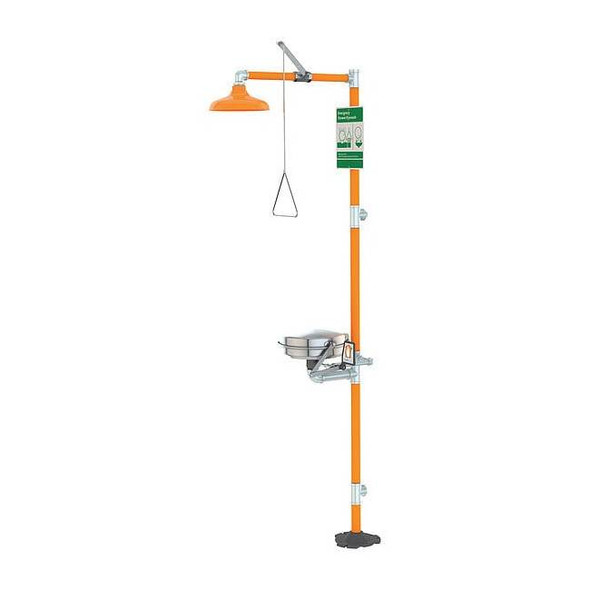 Shower with Eyewash, Floor Mount, Covered Bowl, Stainless Steel, 16 in W