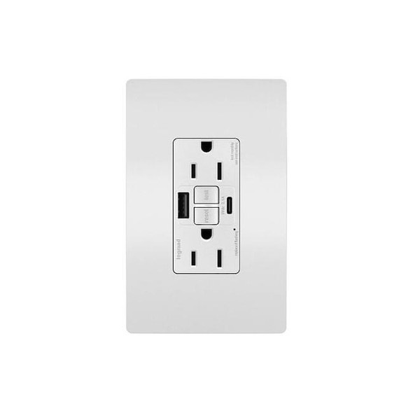 Legrand USB Receptacle, 15 A, White, Nylon 1597TRUSBACW