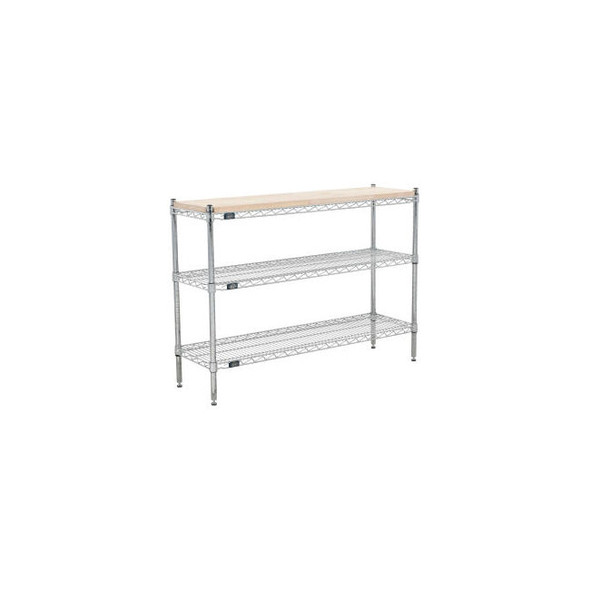 Nexel 3 Shelf Chrome Wire Shelving Unit Hardwood Top Starter 60""W x 14""D x 34"