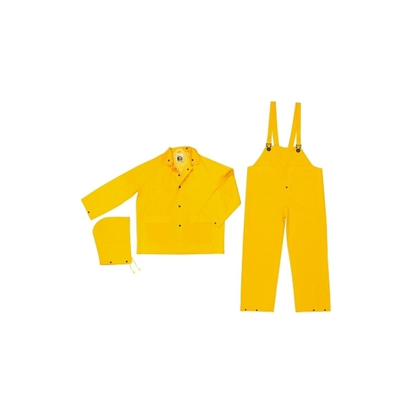 Three-Piece Rain Suit, Jacket/Hood/Bib Pants, 0.35 mm PVC/Poly, Yellow, Medium