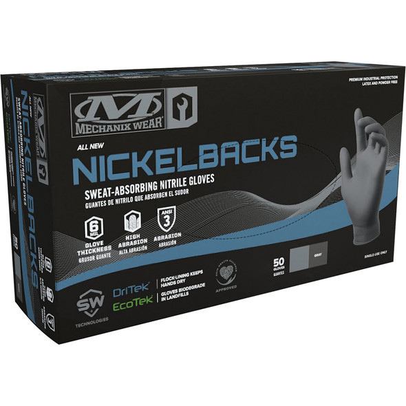 Nickelbacks: 6 Mil Sweat-Absorbing Nitrile Gloves 50-BX (Large, Grey) D07-08-010-050