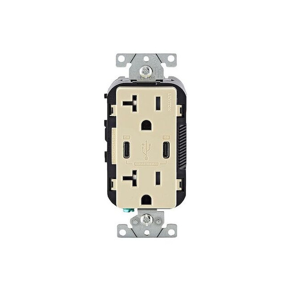 Leviton Duplex Outlet, USB C, Ivory 20A, 125V T5837-I