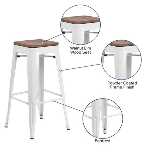 30" White Metal Barstool, Seat Material: Wood  CH-31320-30-WH-WD-GG