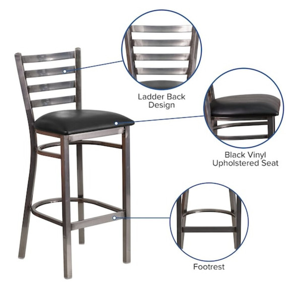 Barstool,Ladder Back,Clr w-Blk Vnyl Sea  XU-DG697BLAD-CLR-BAR-BLKV-GG