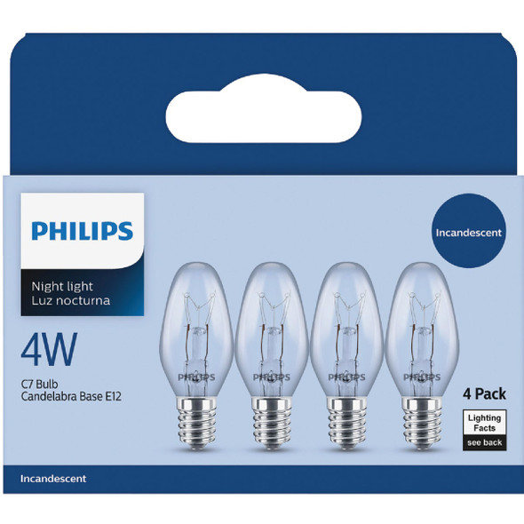Philips 4W Clear Candelabra C7 Incandescent Night Light Bulb (4-Pack) 570168 501652