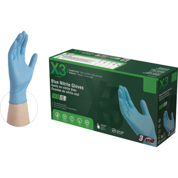 Ammex X3 Industrial Nitrile Blue Large 3 Mil. Disposable Gloves (100-Count)
