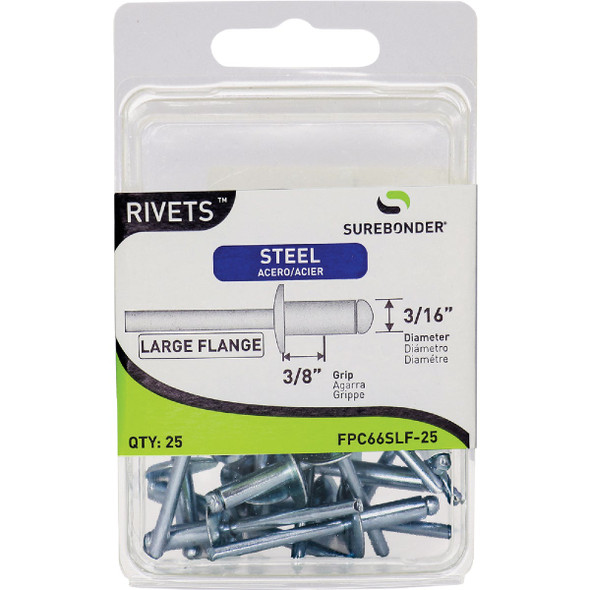 Surebonder 3/16 In. x 3/8 In. Large Flange Steel Rivet (25-Pack) FPC66SLF-25
