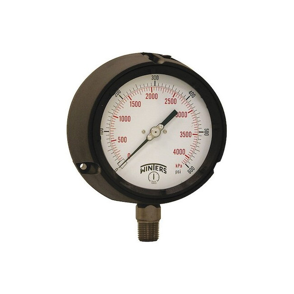 Process Pressure Gauge, 0 to 600 psi, 4 1/2 in Dial, 1/2 in NPT, Bottom Location