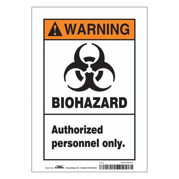 Biohazard Sign, 10 in H, 7 in W, Vinyl, Horizontal Rectangle, English, 447X56