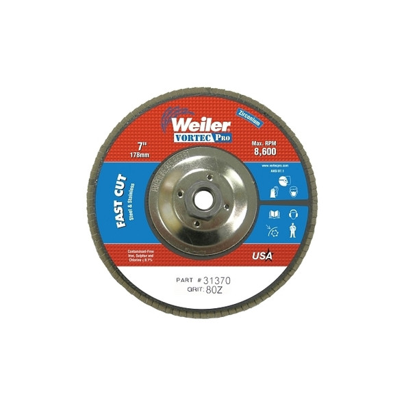 Vortec Pro Abrasive Flap Discs, 7", 80 Grit, 5/8 Arbor, 8,600 rpm, Phenolic
