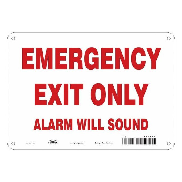 Exit Sign, Plastic, 10" W, 7" H, Emergency Exit Only Alarm Will Sound, White
