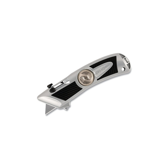 QBAR® Smart-Retract Safety Knife, Smart-Retract, 3-Button, Aluminum, Holds 5 Additional Blades, Silver/Black