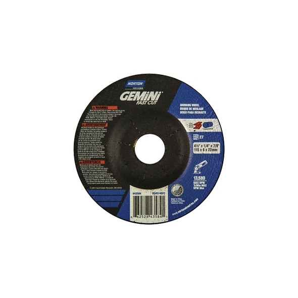 Grinding Wheels, Aluminum Oxide, 4 1/2" Dia, 7/8" Arbor, 1/4 in Thick, 24 Grit