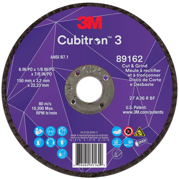 7100313586 Cubitron™ 3 Cut and Grind Wheel, 6 Inch Dia, 1/8 Inch, 36+ Grit