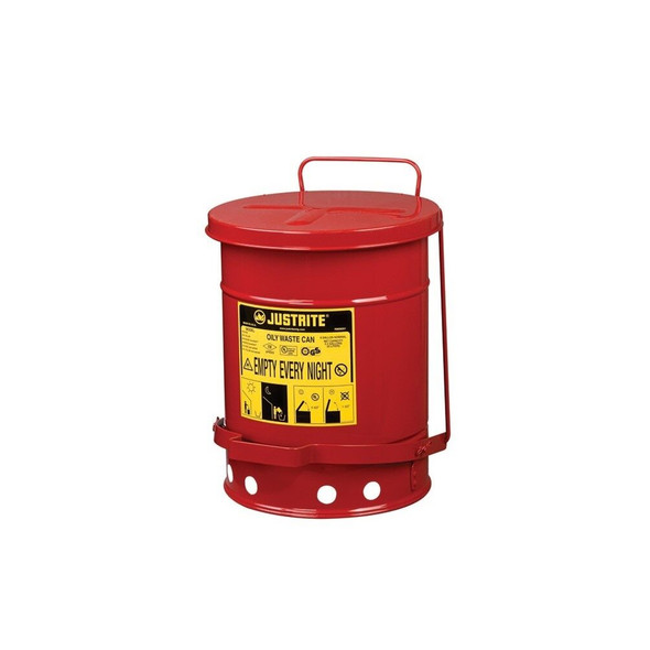 09100 Justrite Oily Waste Can, 6 gallon, foot-operated self-closing cover, Red
