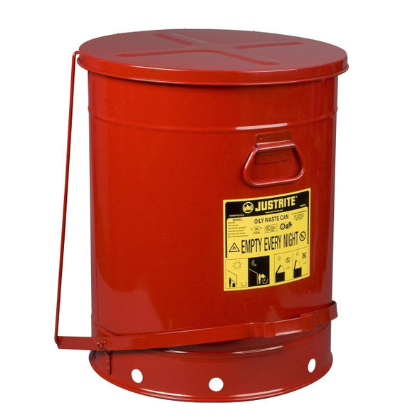 09700 Justrite Oily Waste Can, 21 gallon, foot-operated self-closing cover, Red
