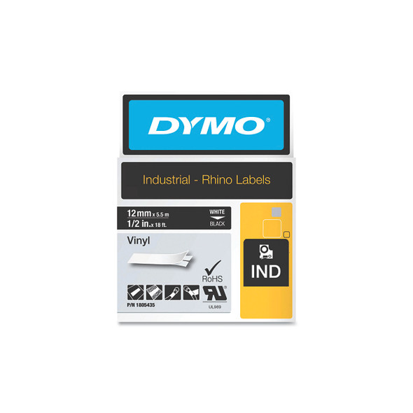 Industrial Rhino™ Vinyl Label Cartridge, 1/2 in W x 18 ft L, White Print on Black Background
