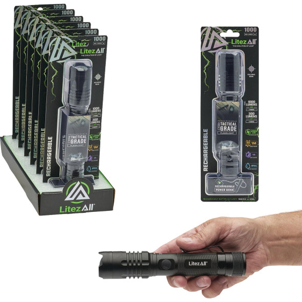 LitezAll 1000 Lm. Rechargeable LED Tactical Flashlight LA-1000RFL-6/12