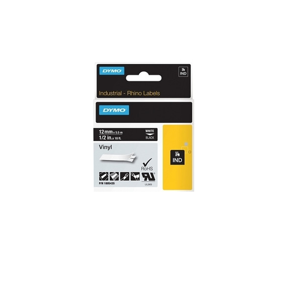 Industrial Rhino™ Vinyl Label Cartridge, 3/4 in W x 18 ft L, White Print on Black Background Pack of 5