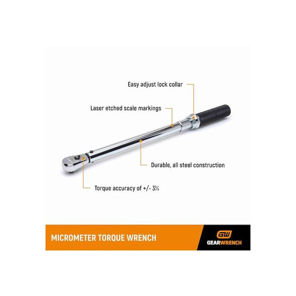 Gearwrench 3/8" Drive Micrometer Torque Wrench 30-250 in/lbs. 85061M