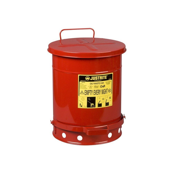 09300 Justrite Oily Waste Can, 10 gallon, foot-operated self-closing cover, Red