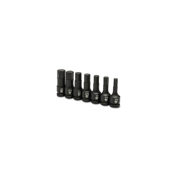 Impact Socket Set, 1/2 in Dr, 6-point, SAE, 3/8 in to 3/4 in, 7-Pc Standard Length, Incl Metal Rail