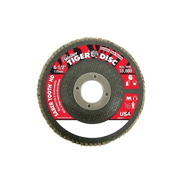Tiger® Saber Tooth™ Ceramic High Density Flap Disc, 4-1/2 in dia, 40 Grit, 7/8 in Arbor, 13000 RPM, Type 27