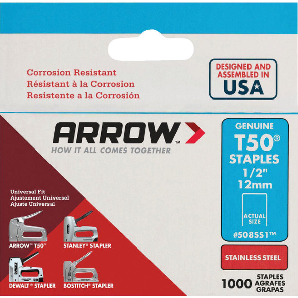 Arrow T50 Heavy-Duty Stainless Steel Staple, 1/2 In. (1000-Pack) 508SS1
