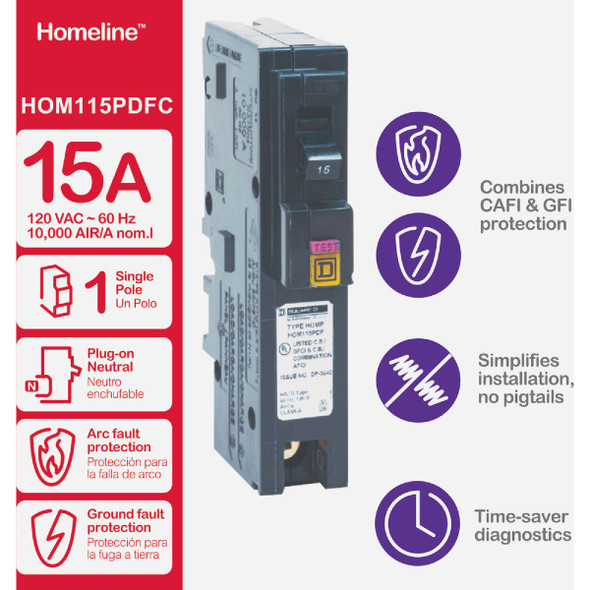 Square D Homeline 15A Single-Pole CAFCI Plug-On Neutral Dual Function Circuit Breaker Square D Homeline 15A Single-Pole CAFCI Plug-On Neutral Dual Function Circuit Breaker