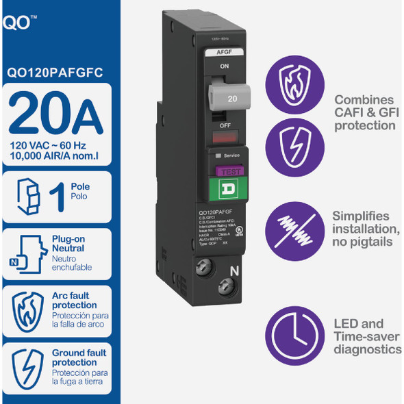 Square D QO 20A Single-Pole Dual Function Circuit Breaker QO120PAFGFC 561831