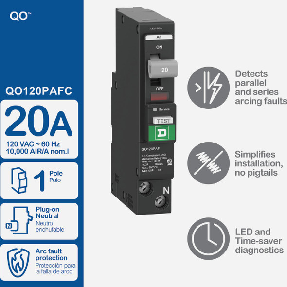 Square D QO 20A Single-Pole CAFCI Mini Dual Function Circuit Breaker