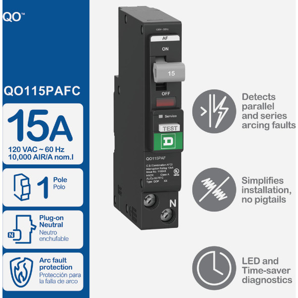 Square D QO 15A Single-Pole CAFCI Mini Dual Function Circuit Breaker QO115PAFC 536216