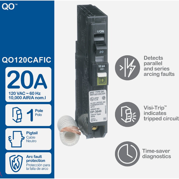 Square D QO 20A Single-Pole CAFCI Combination Arc Fault Breaker QO120CAFIC 558303