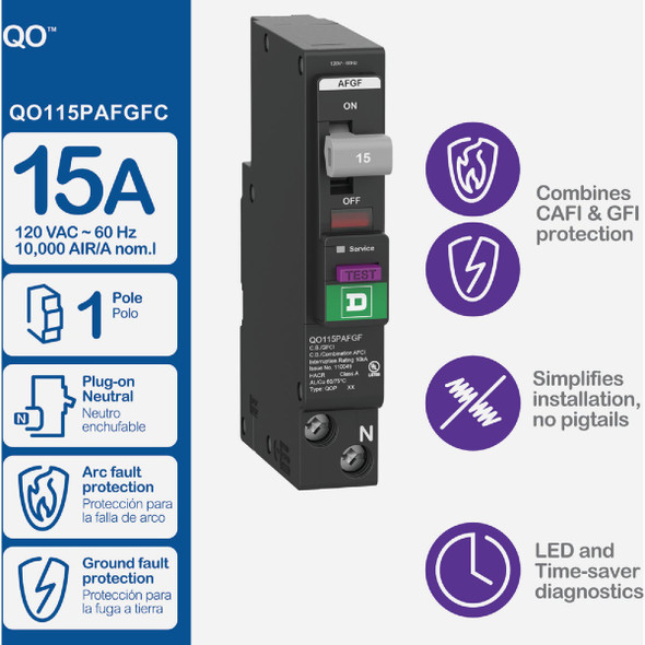 Square D QO 15A Single-Pole Dual Function Circuit Breaker QO115PAFGFC 541263