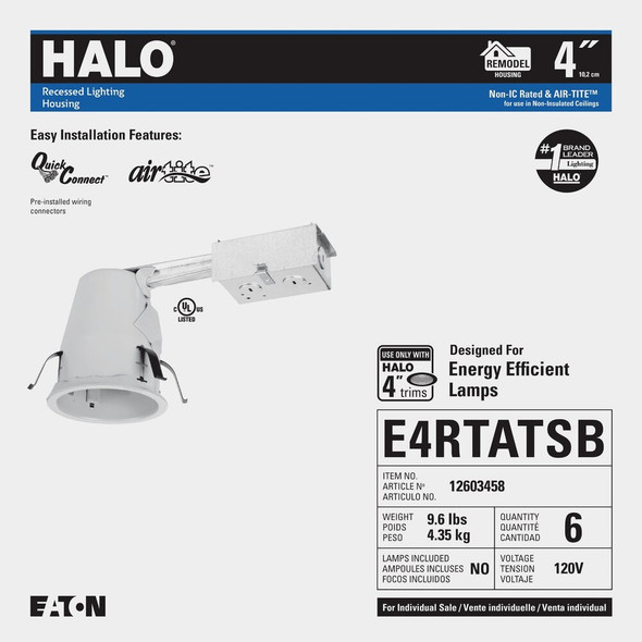 Halo Air-Tite 4 In. Remodel IC-Non-IC Rated Recessed Light Fixture Pack of 6 E4RTATSB 559045