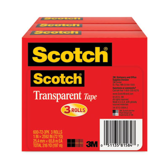 Scotch® Transparent Tape, 3" Core, 1" x 72 yds, 3/Pack 600-72-3PK Scotch® Transparent Tape, 3" Core, 1" x 72 yds, 3/Pack 600-72-3PK