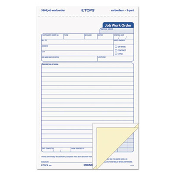 TOPS™ Job Work Order, Three-Part Carbonless, 5.66 x 8.63, 50 Forms Total 3868 TOPS™ Job Work Order, Three-Part Carbonless, 5.66 x 8.63, 50 Forms Total 3868