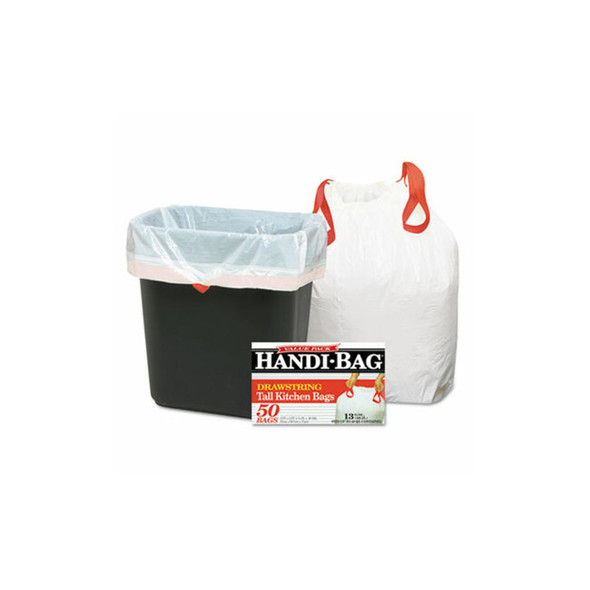 Handi-Bag® Drawstring Kitchen Bags, 13 gal, 24" x 27.38", White, 50/Box 1516848