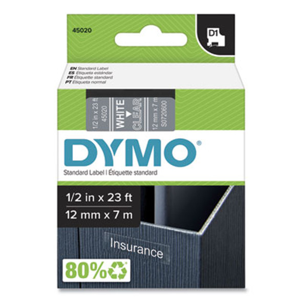 DYMO® TAPE,DYMO,WHT ON CLR,.5" 45020/S0720600