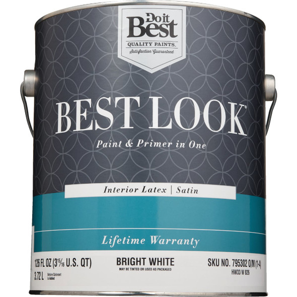 Best Look Latex Premium Paint & Primer In One Satin Interior Wall Paint, Bright White, 1 Gal.