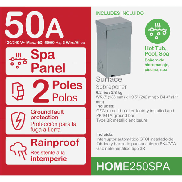 Square D Homeline 50A 2-Space 2-Circuit Outdoor Spa Panel Main Lug Load Center HOME250SPA 502548