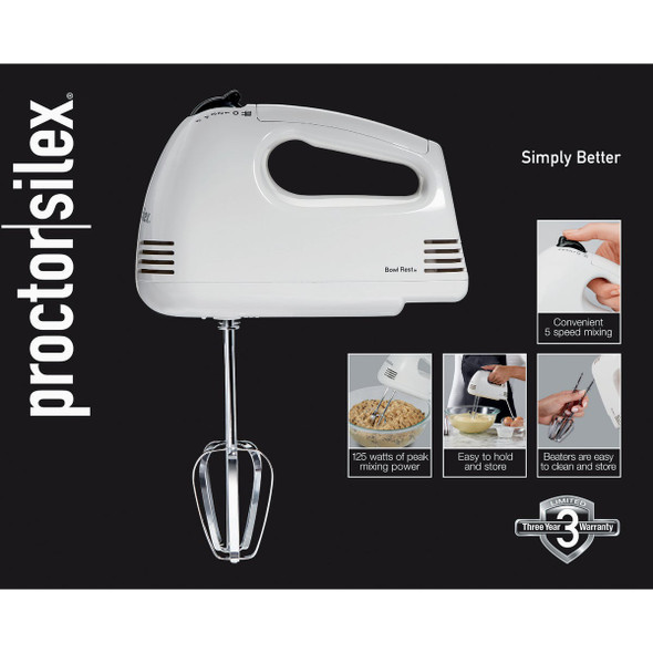 Proctor Silex 5-Speed White Hand Mixer