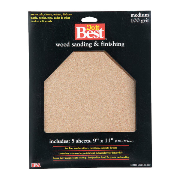 Do it Best Bare Wood 9 In. x 11 In. 100 Grit Medium Sandpaper (5-Pack) 330078GA