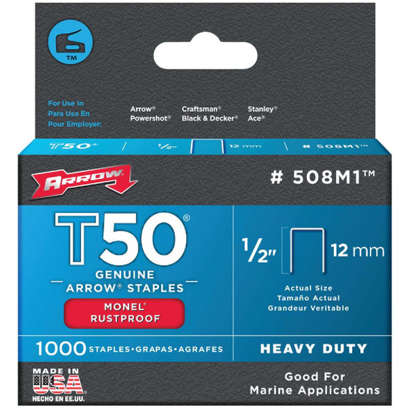 Arrow T50 Heavy-Duty Monel Staple, 1/2 In. (1000-Pack) 508M1