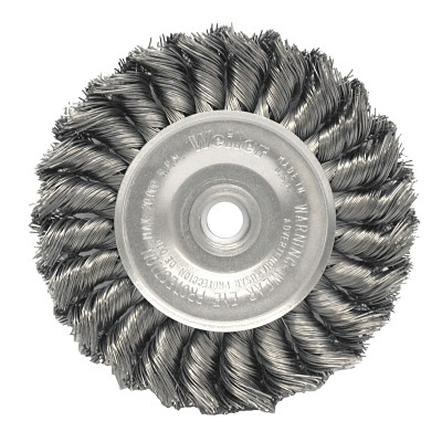 Standard Twist Knot Wire Wheel, 4 in dia x 1/2 in W Face, 0.020 in Stainless Steel Wire, 20000 RPM