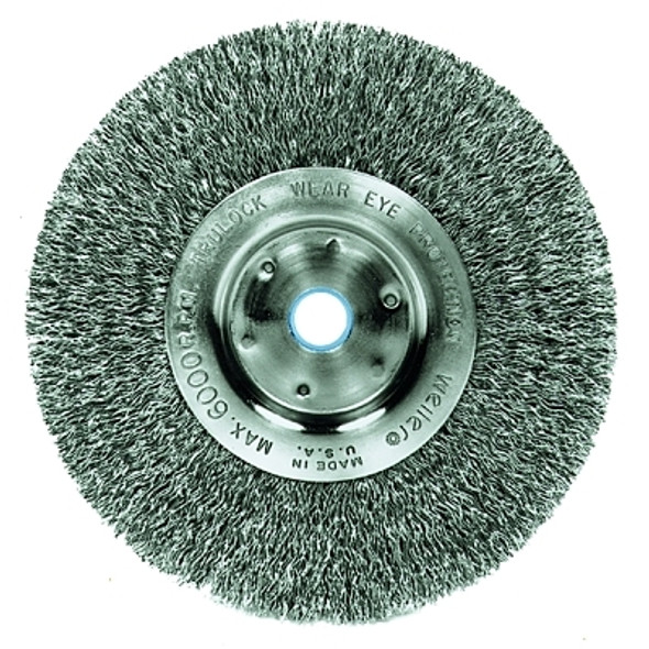 Narrow Face Crimped Wire Wheel, 6 in dia x 3/4 in W Face, 0.014 in Steel Wire, 6000 RPM Narrow Face Crimped Wire Wheel, 6 in dia x 3/4 in W Face, 0.014 in Steel Wire, 6000 RPM