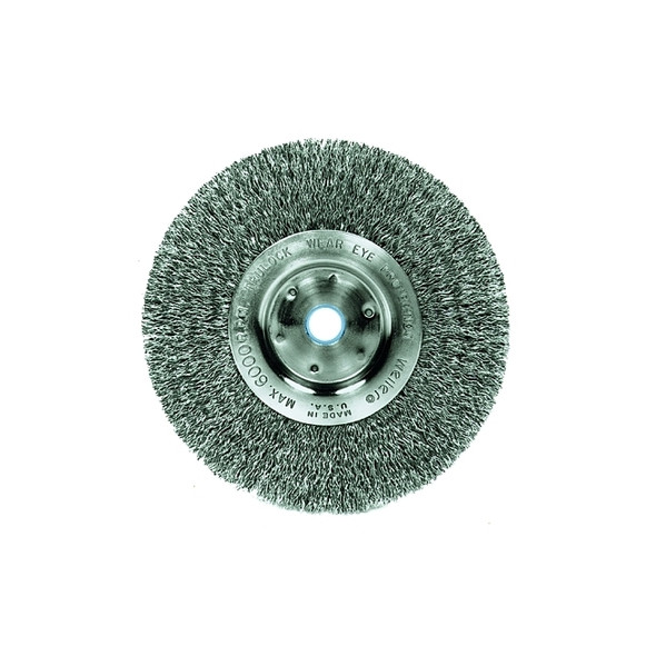 Narrow Face Crimped Wire Wheel, 6 in dia x 3/4 in W Face, 0.014 in Steel Wire, 6000 RPM